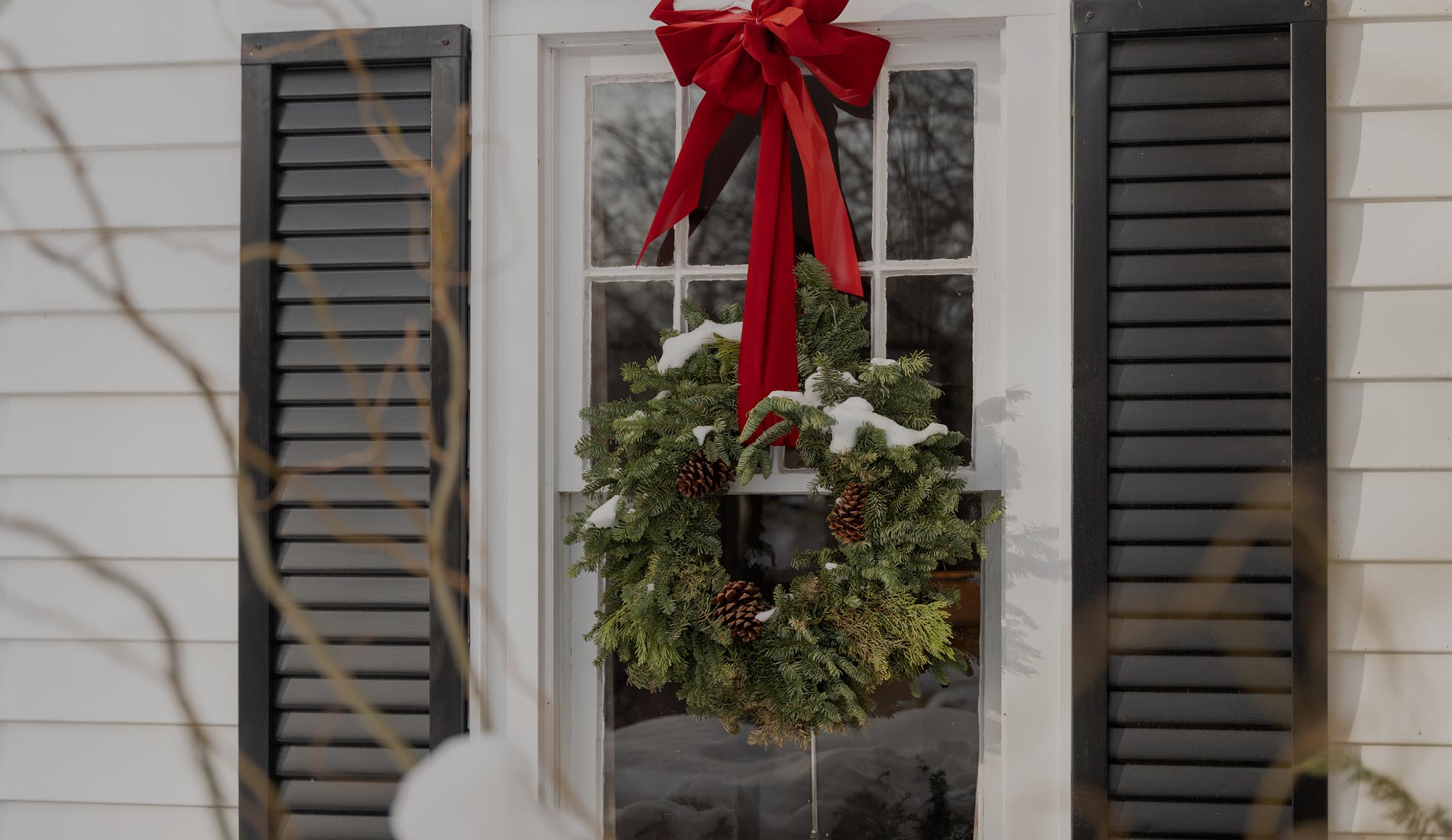 Holiday decorations applied to every window at the Wickwood Inn